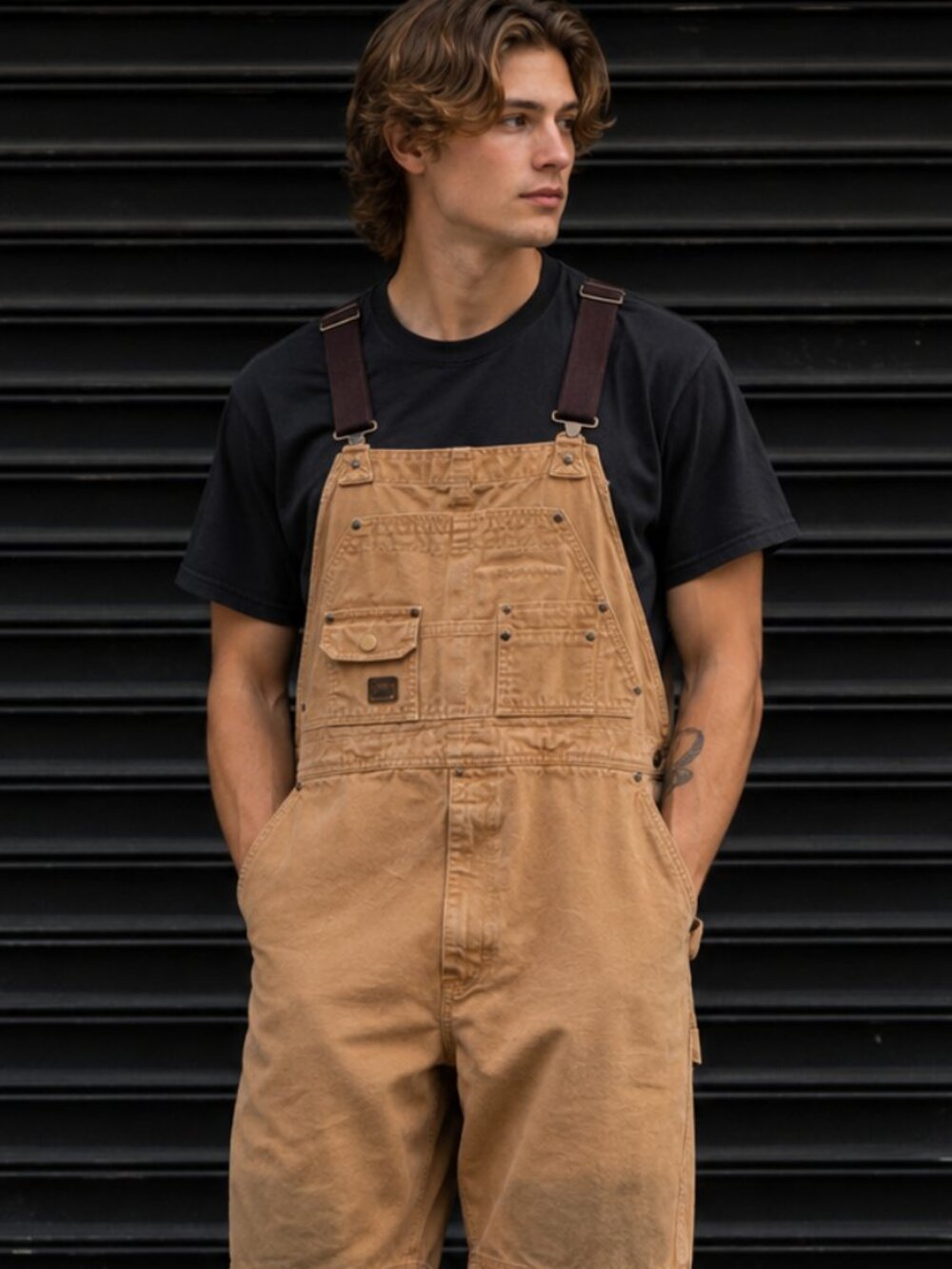BRAZOS Tan Brown Heavy Work Overalls Men's Carpenter XL-S Streetwear Utility